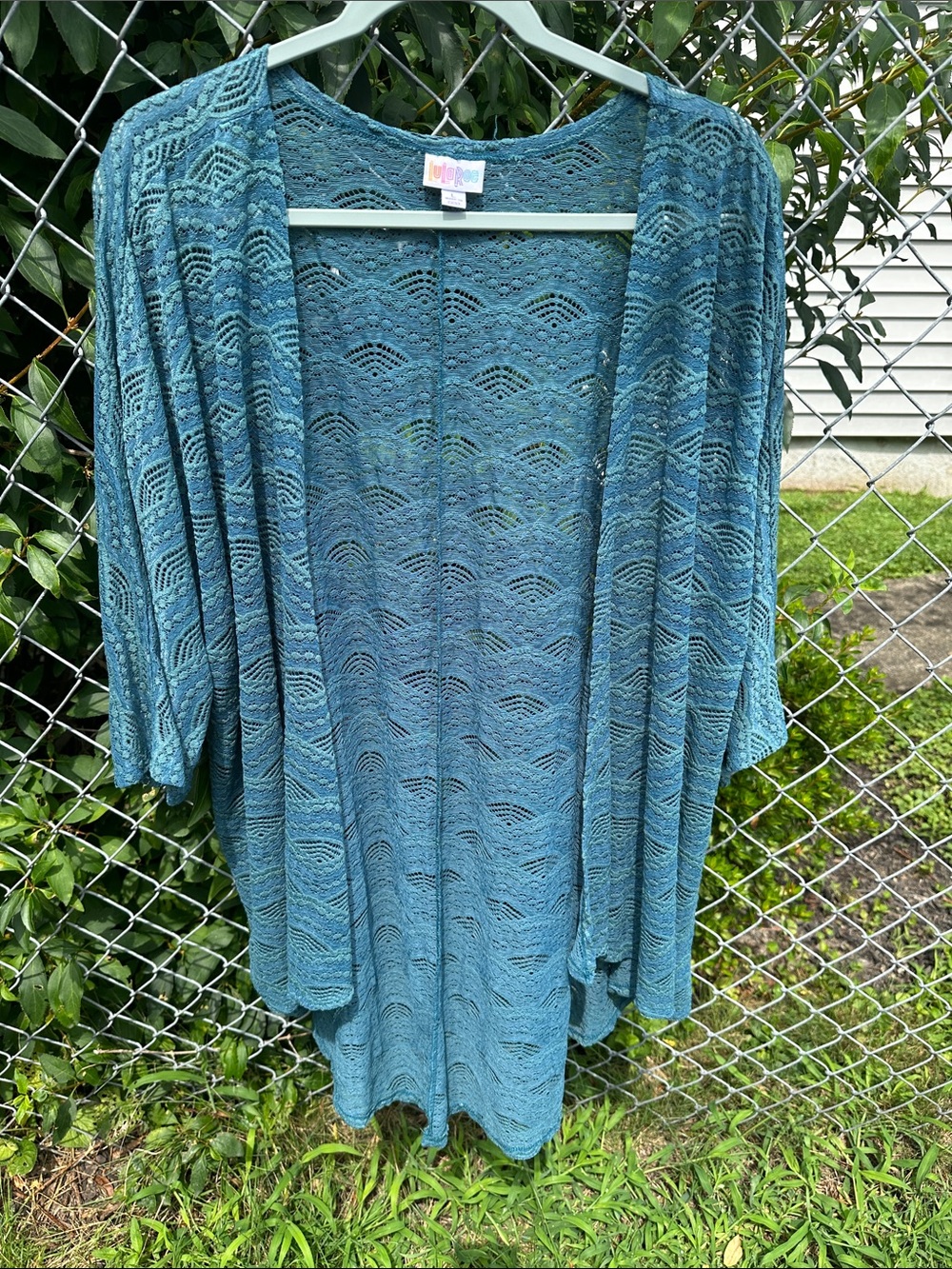 LuLaRoe Teal Open-Front Crochet Cardigan